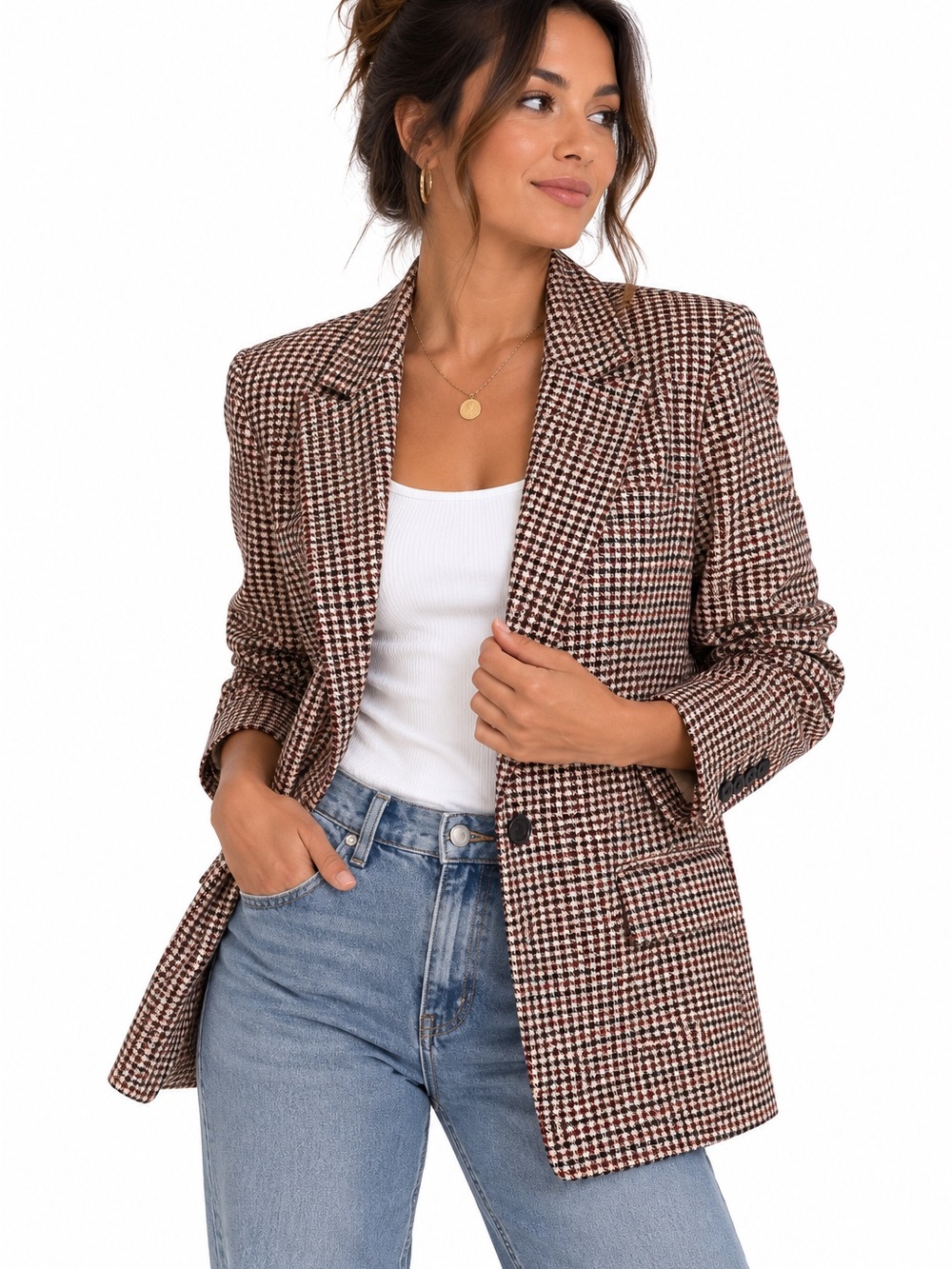 Marled Houndstooth Blazer in Red, Black and Cream